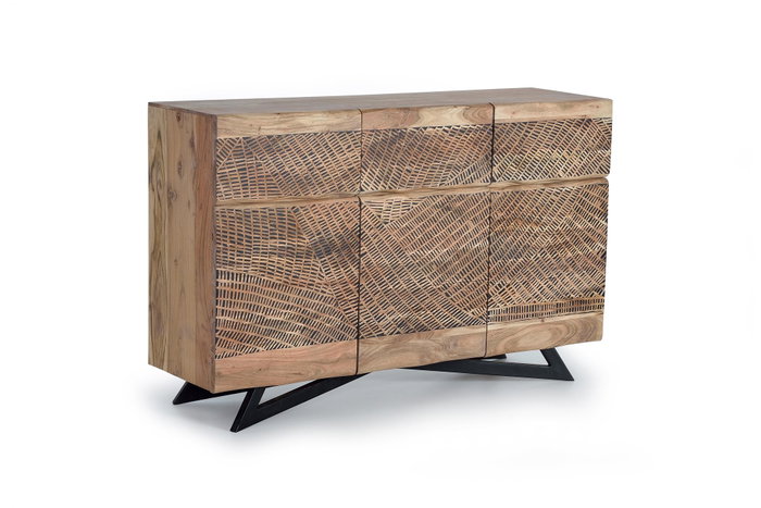 GINER Y COLOMER - Buffet 3 portes et 3 tiroirs en bois d'acacia massif avec patines naturelle et noire, pieds en fer forgé (90x140x40 cm)